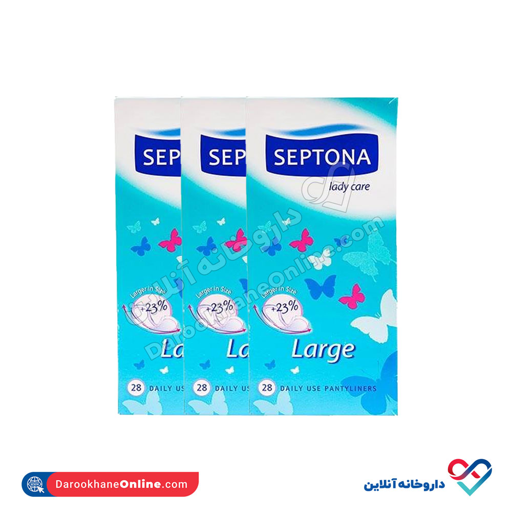 Septona-Large-Panty-Liners-Sanitary-Pad-28-pack3.jpg پکیج 3 عدد نوار بهداشتی روزانه لارج سپتونا 28 عددی - Image 1